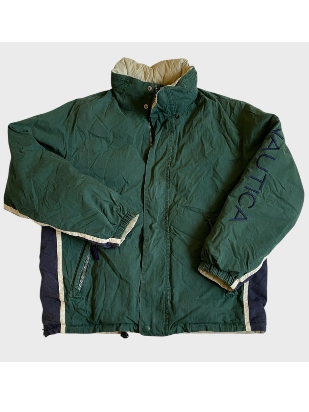 VTG Nautica Reversible Down Puffer Jacket Men's Sz L Full Zip Green Hooded *Flaw